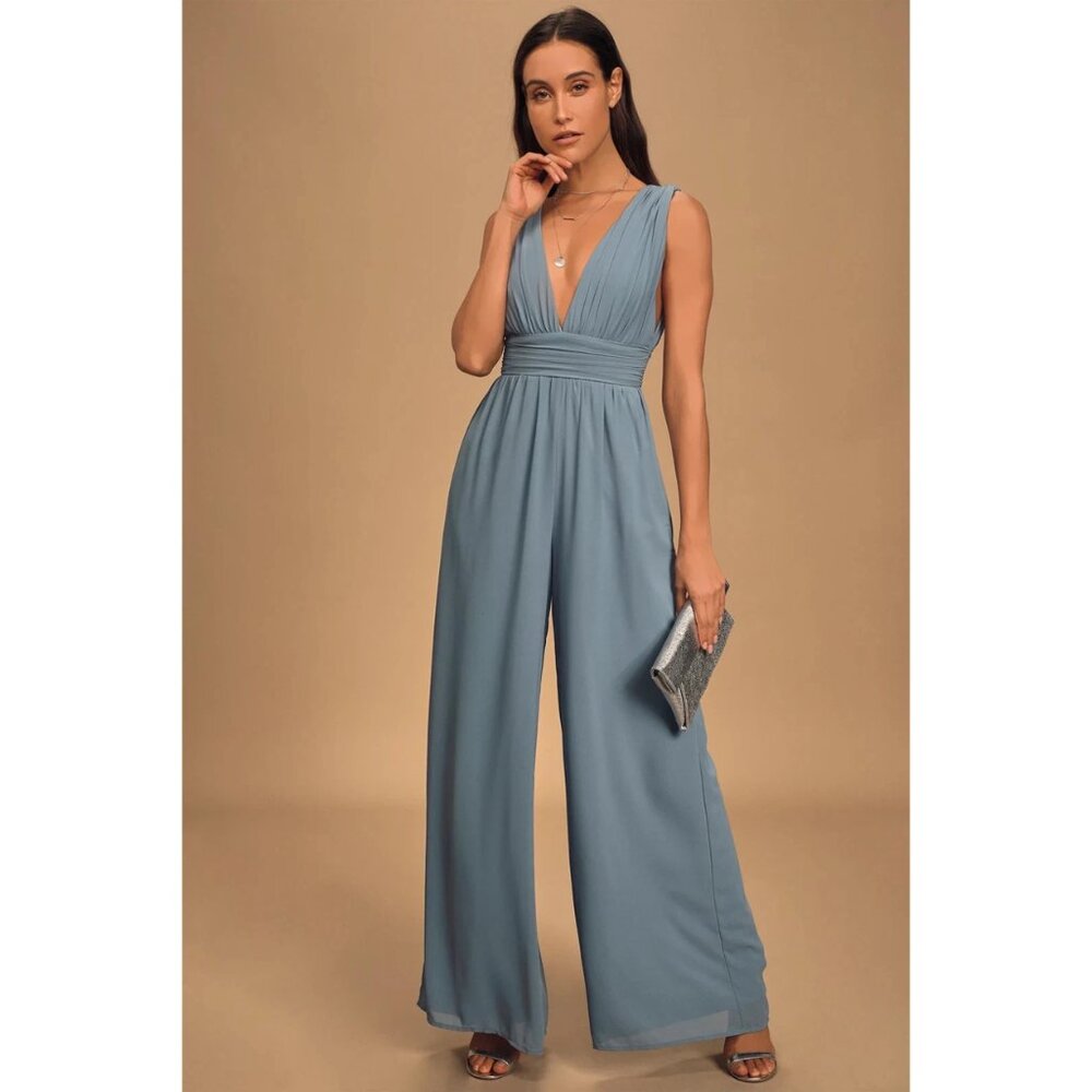 Women's NWT LULUS Jumpsuit M Blue Maxi Sleeveless V Neck Pantsuit Formal Gown